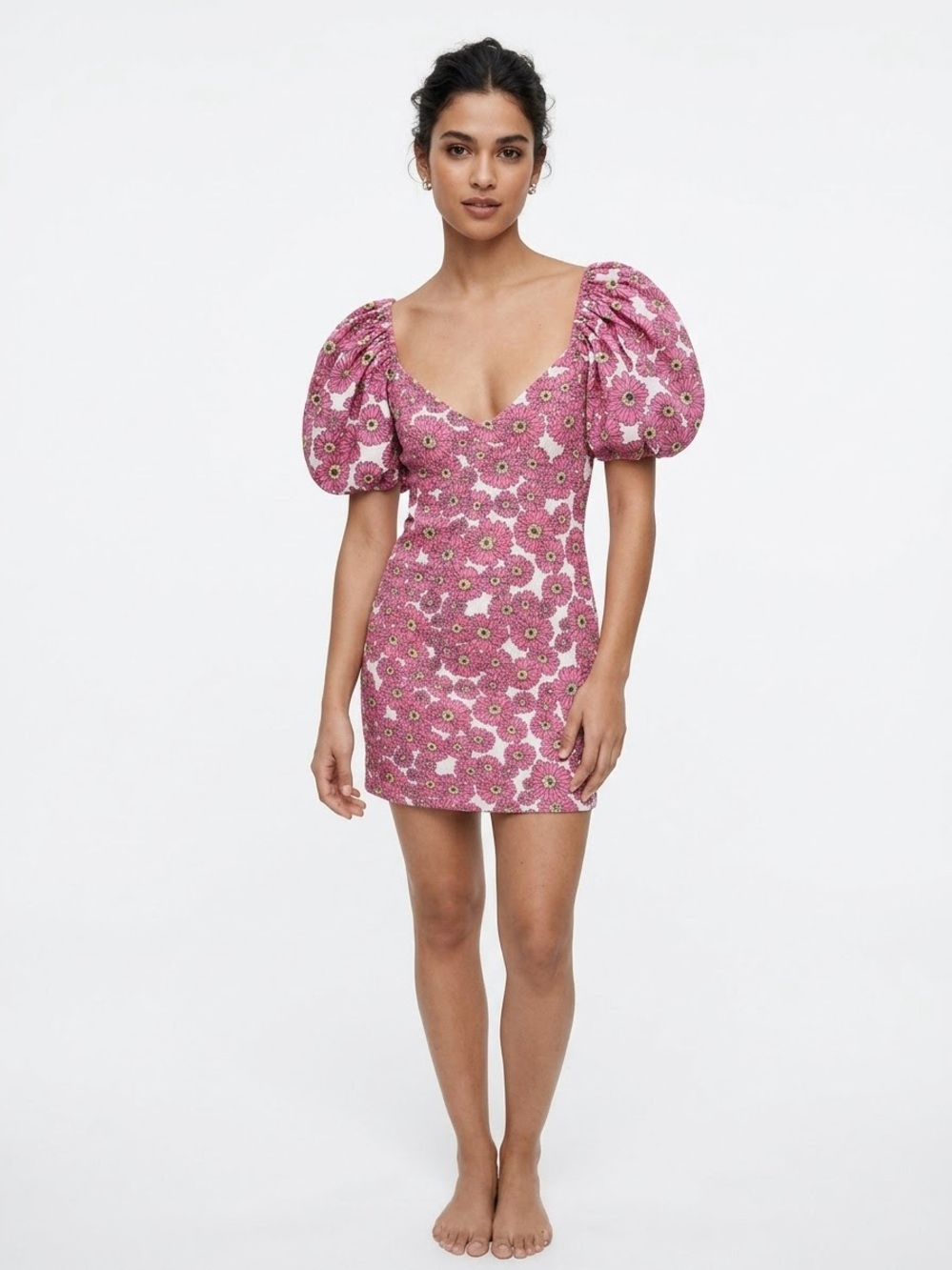Zara Pink Floral Puff-Sleeve Dress